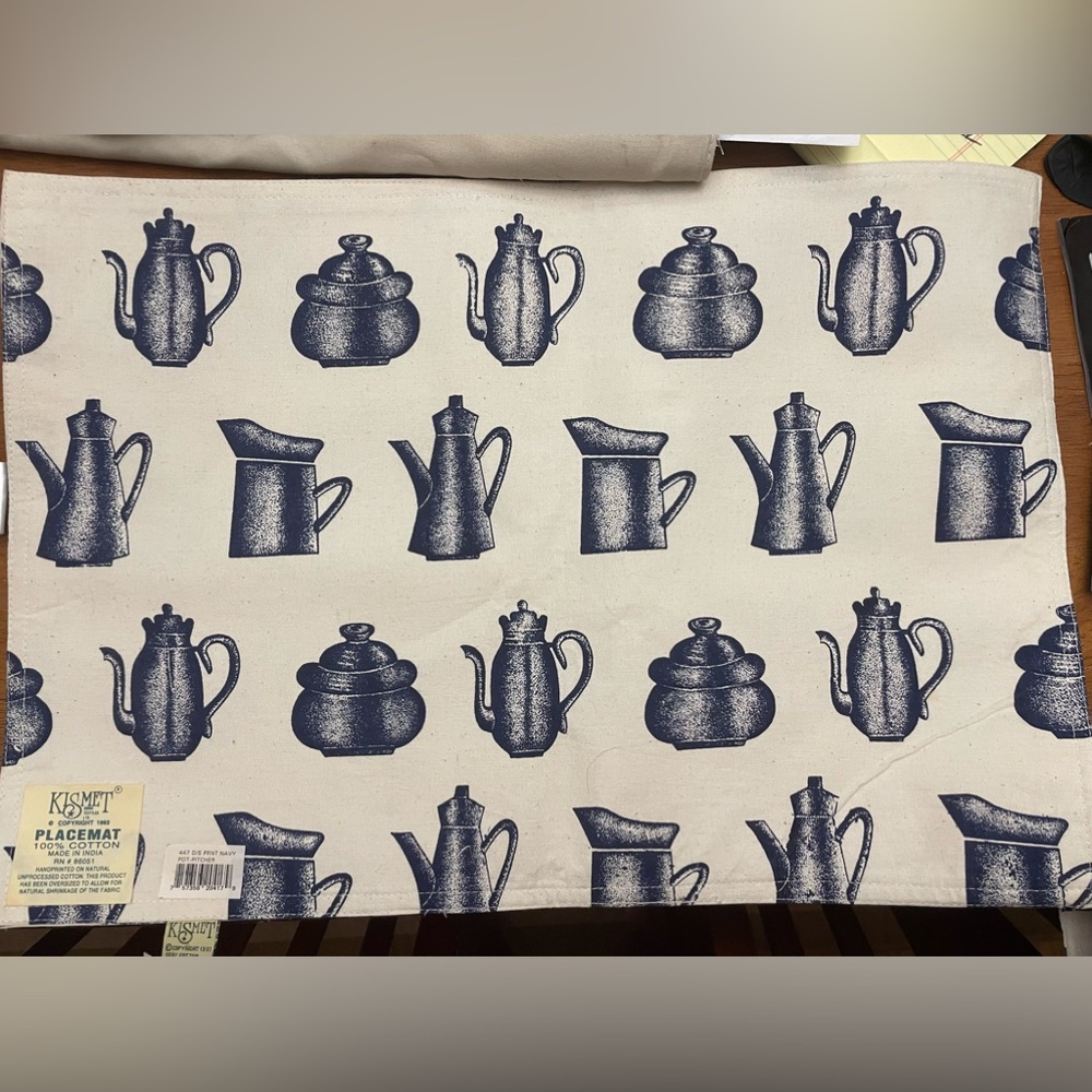 6 Kismet 100% cotton placemats navy teapots NWT